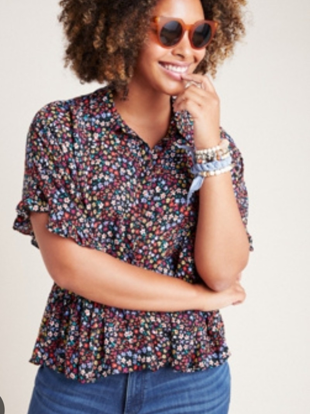 Maeve by Anthropologie Black Floral Button-Down Peplum Top